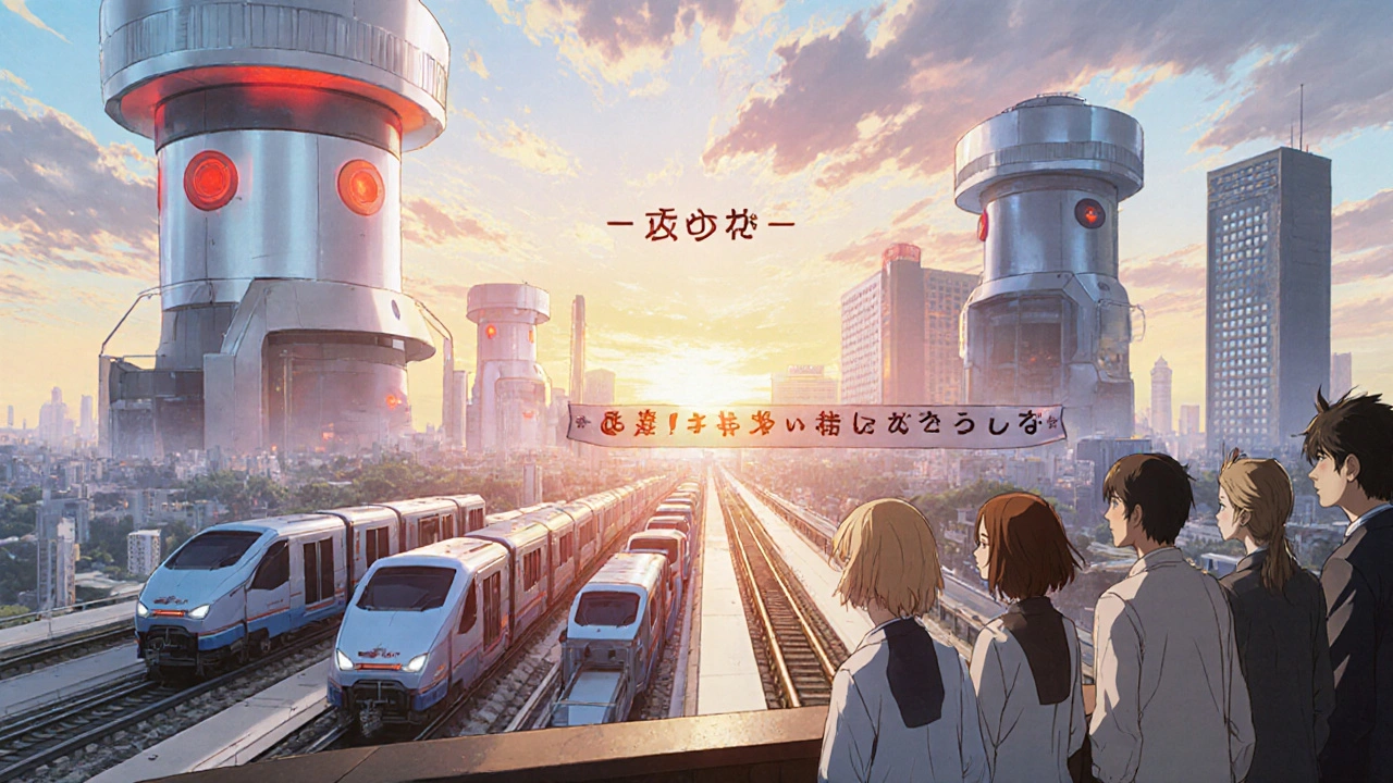 A futuristic city with drug-shaped skyscrapers replaced by sleek biosimilar transports under a rising sun.