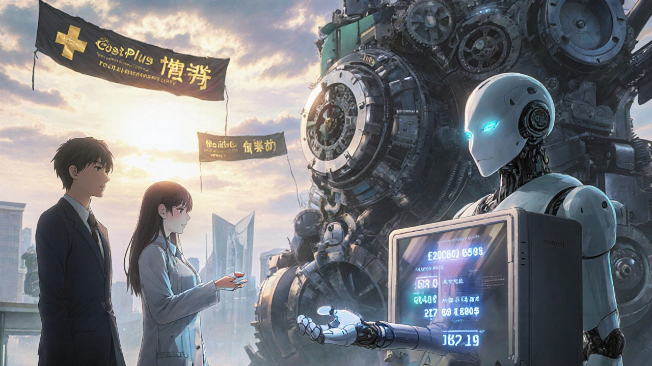 A futuristic pharmacy terminal shows real drug costs as a gentle robot offers a generic pill under rising transparency banners.