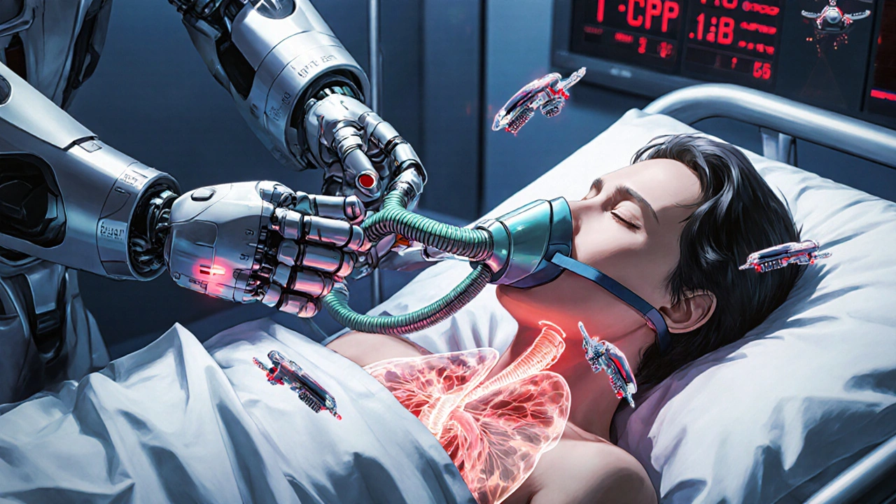 A hospital scene with robotic medical devices administering treatment, glowing tubing and floating vital signs showing inflammation in airways.