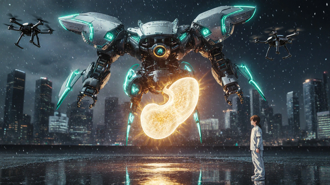 A hybrid PET-MRI mecha hovering over a tumor, emitting dual glowing signals with AI drones nearby.