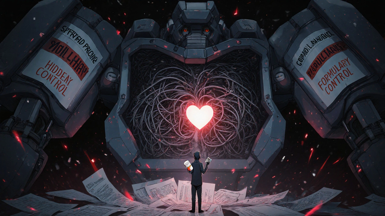 A massive PBM mech looms over a patient, its chest revealing hidden pricing schemes and a heart with a glowing generic pill.