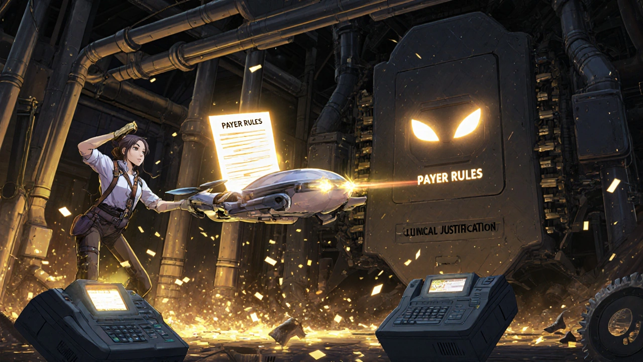 A medical assistant sends a clinical document to an AI core through a digital maze of payer rules.