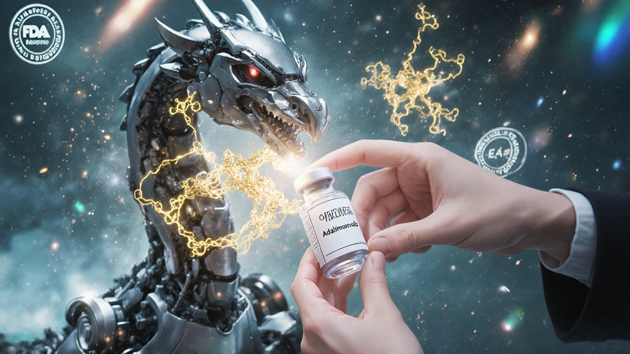 A patient&#039;s hand placing a biosimilar vial into a dragon-shaped injector with glowing molecular structures.