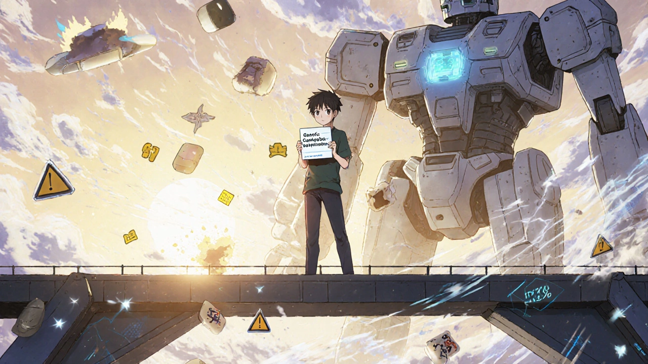 A patient stands on a stable data bridge with a generic capecitabine tablet, while chaotic drug combinations rage around them in storm clouds.