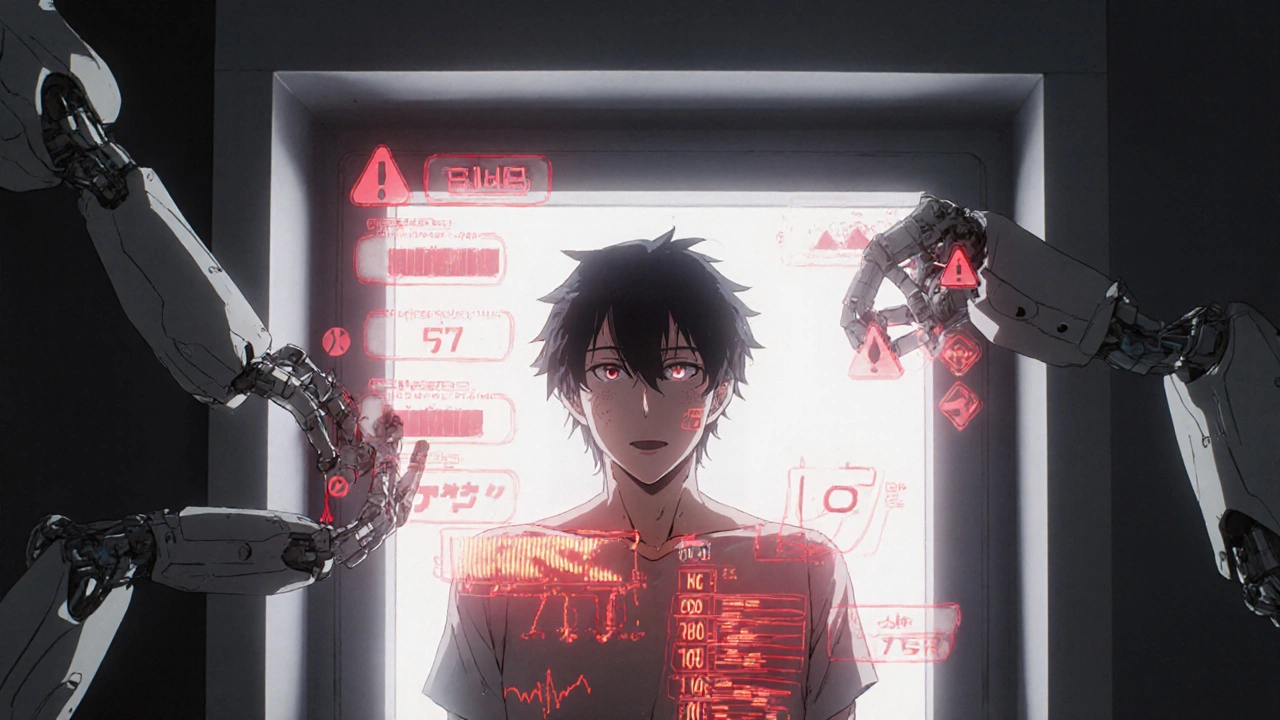 A patient with holographic bleeding warnings flashing as INR levels spike during the first 30 days of combined medication.