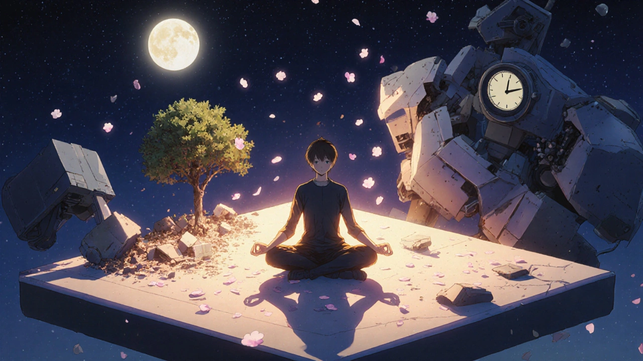 A person meditates peacefully under stars as broken sleep-pill machinery disintegrates into dust.