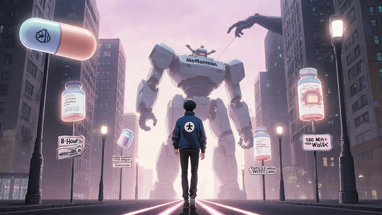 A person walks through a cyberpunk city where lifestyle cues dissolve fat shadows, guided by a Metformin mech in dawn light.