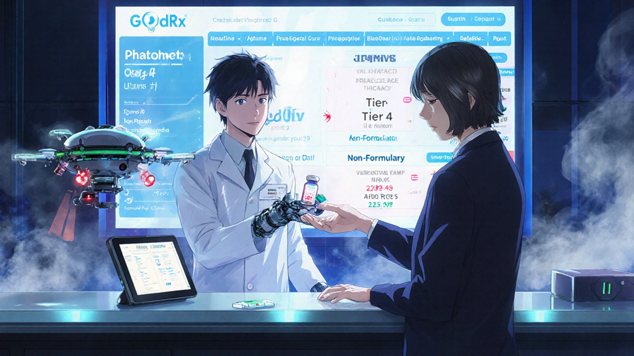 A pharmacist handing a pill to a patient as a drug shifts to non-formulary on a glowing screen.