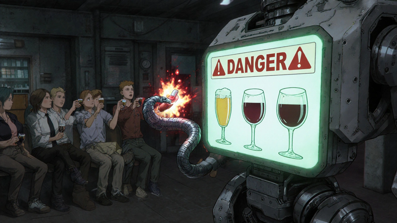 A pharmacy robot displays danger alerts as drinks turn into serpents coiling around pills, one causing a liver explosion.