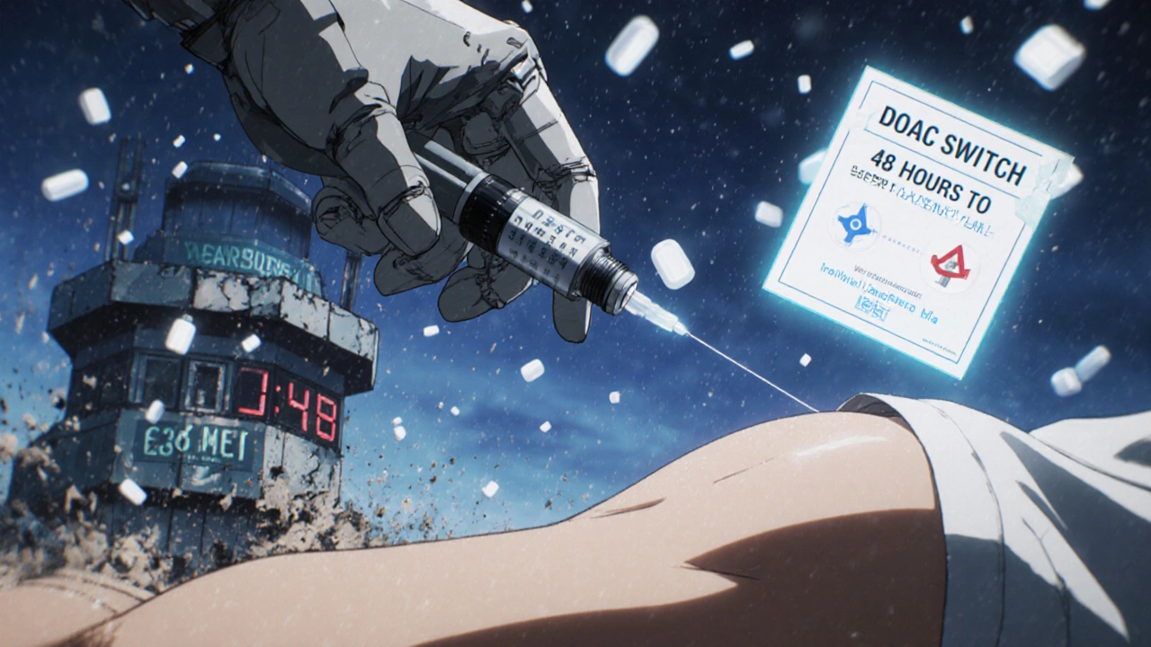 A robotic hand injects a DOAC as a warfarin tower collapses, with a glowing alert card and falling pill fragments.