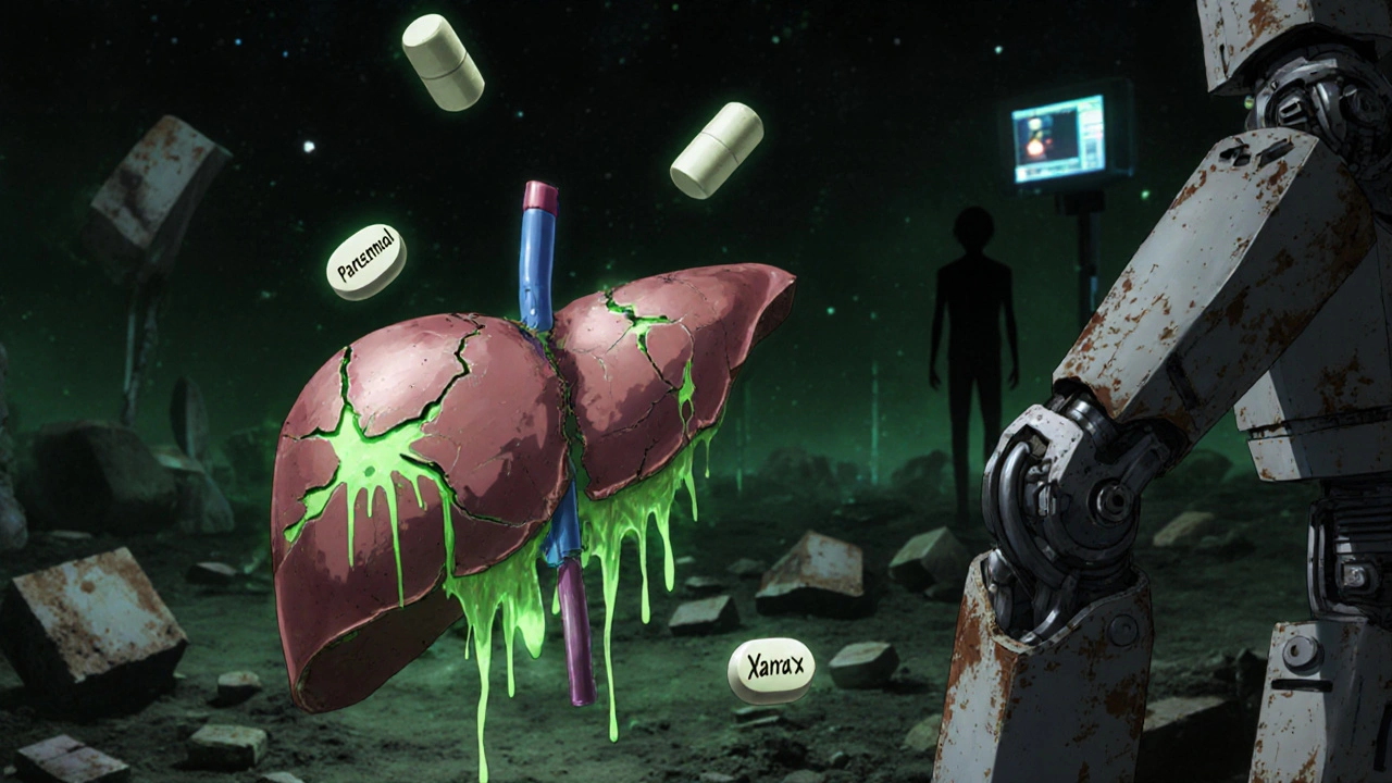 A shattered liver floats in space surrounded by pill debris, half-mechanical human silhouette watching helplessly.