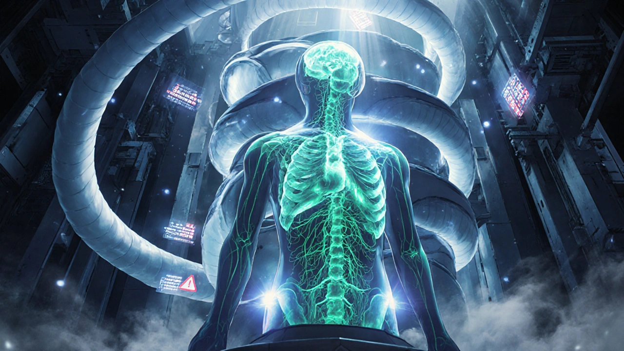 A towering MRI machine with magnetic tentacles illuminating internal soft tissues in vivid colors.