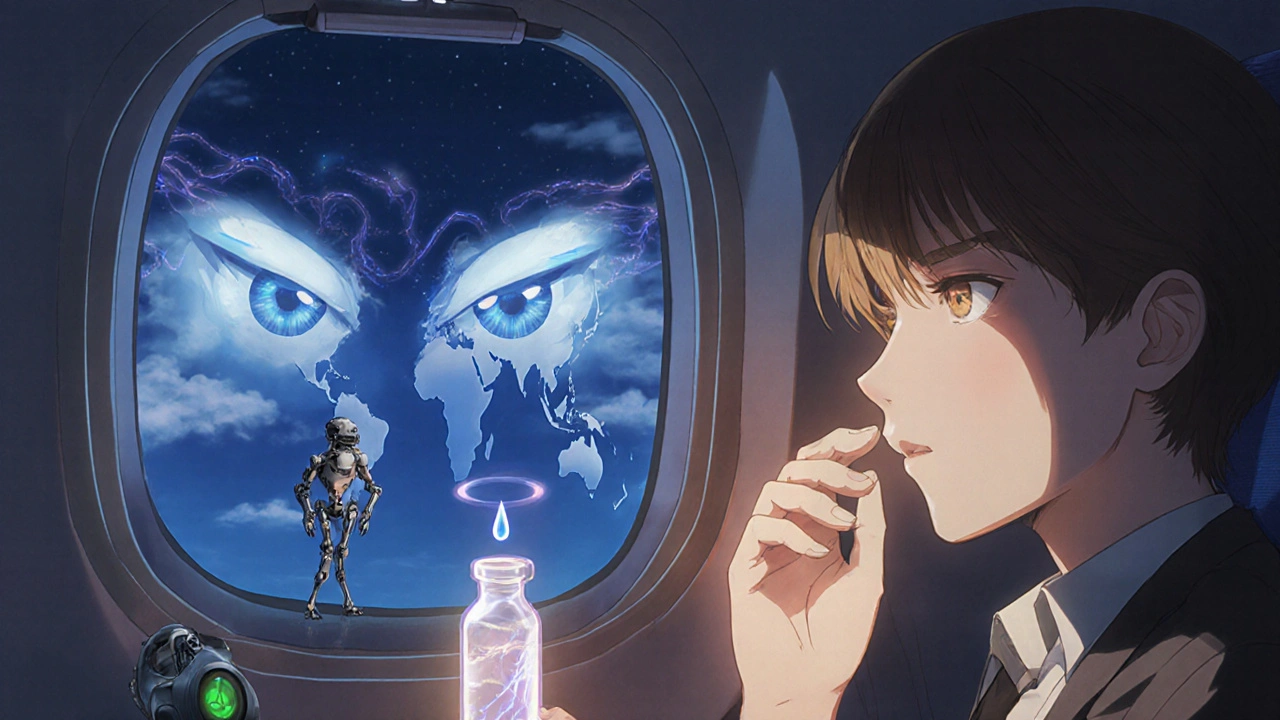 A traveler applying eye drops on a plane, accompanied by a tear-shaped mech and holographic time zone map.