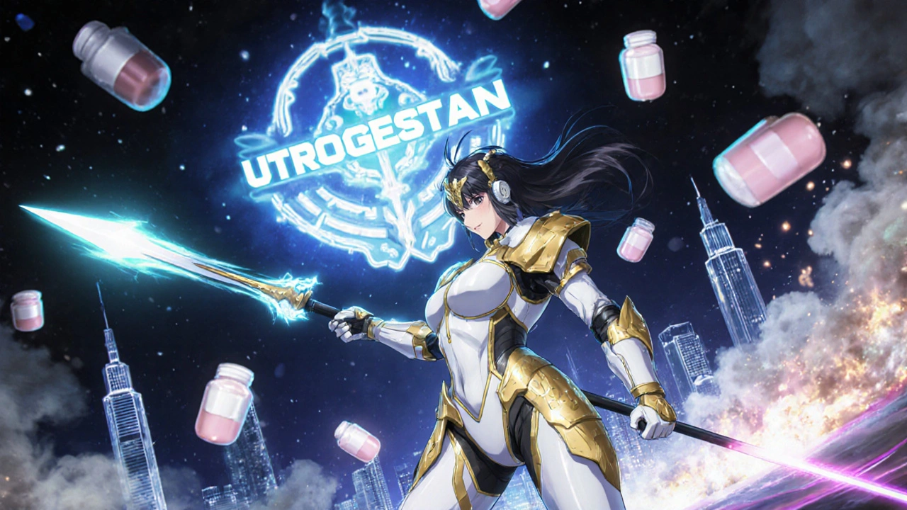 A warrior in a metallic suit fights off unregulated hormone creams with a vaginal suppository lance under a glowing Utrogestan logo.