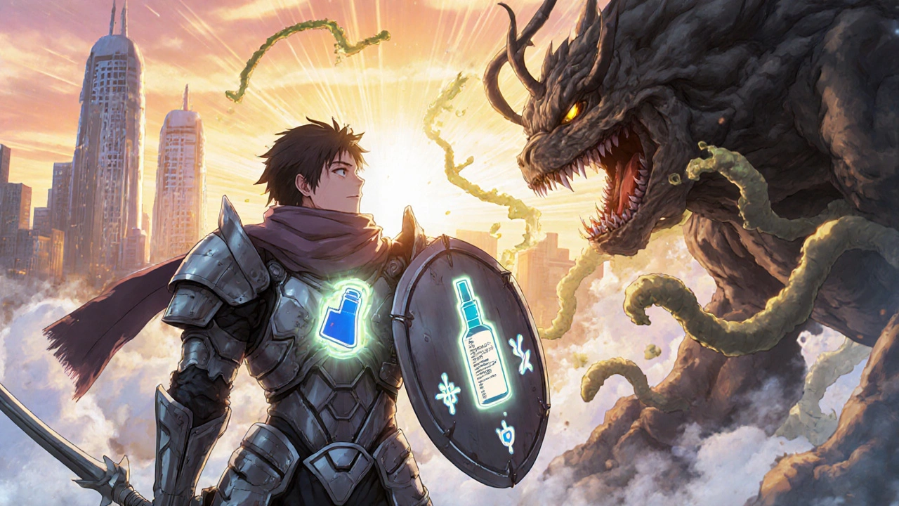 A warrior in COPD armor battles a virus-beast made of smoke and wind, protected by a vaccine shield as air purifiers rise in the background.