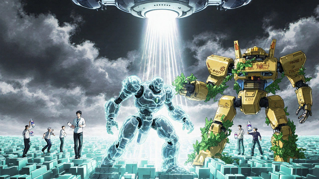 Biosimilar mech navigating a patent dance maze while FDA drone removes weak patents.