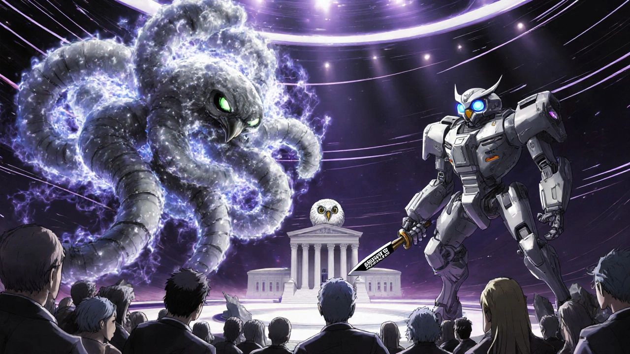 Courtroom duel between two mechs representing Amgen and Sanofi over patent scope.