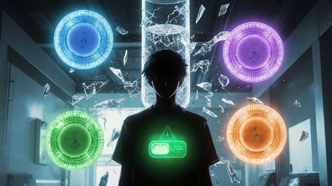 Four glowing DOAC cores surround a patient as an INR test tube shatters, with a dabigatran capsule in its original pack.