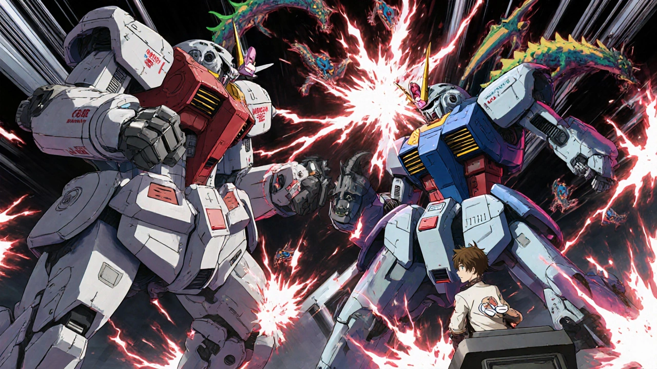Giant robots representing Warfarin and DOACs battling serotonin drones, with blood-like energy cracks spreading.