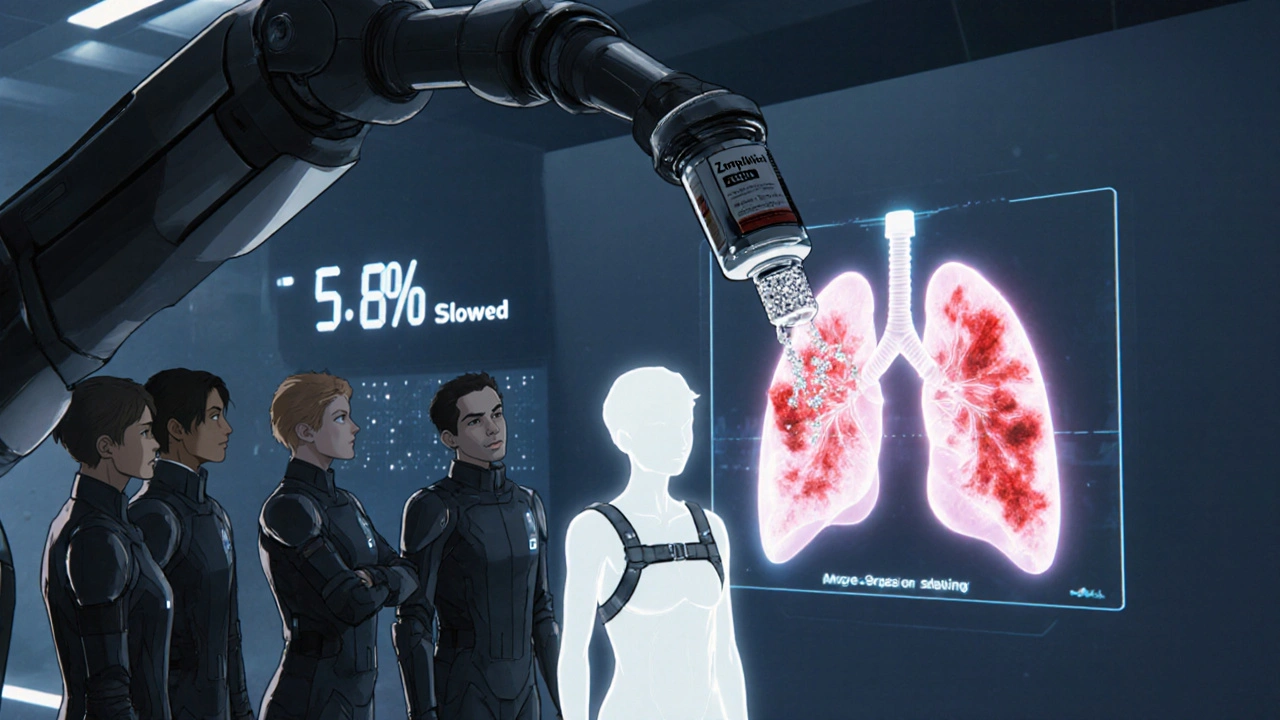 Medical team analyzing a holographic lung with AI and antifibrotic drug injection