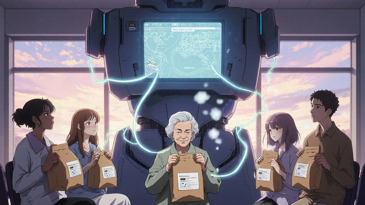 Patients in a clinic hold brown bags whose contents connect via light to a giant machine removing unnecessary medications.