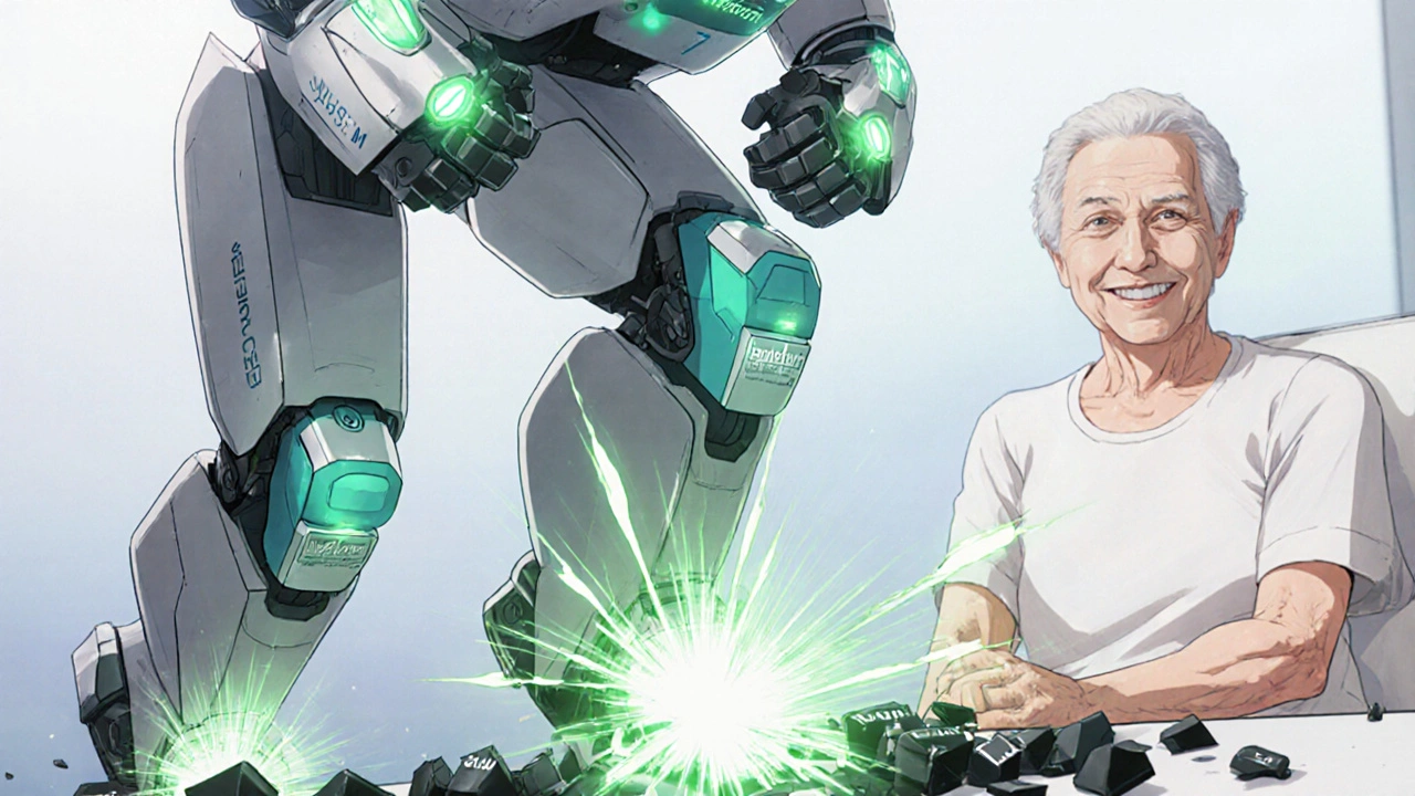 Silver-and-teal medic-bot spraying healing gel over arthritic knees, shattered Feldene pills at its feet.