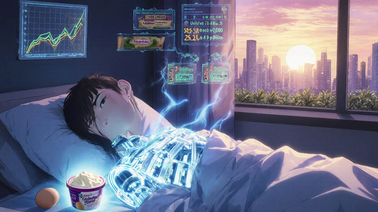 Sleeping patient with biomechanical exoskeleton fueled by bedtime protein snack, data screens glowing above.