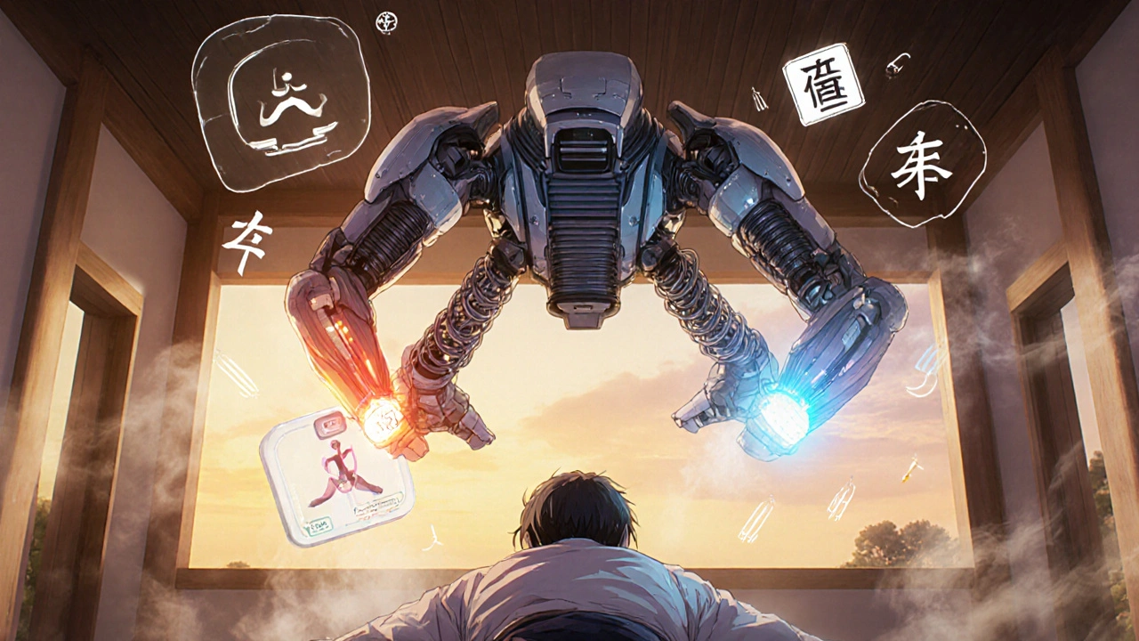 Therapy drone emitting heat and cold mist over a patient in a dojo, with floating icons of exercise and weight loss.