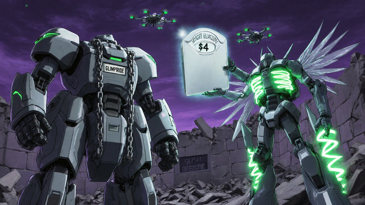 Two medication mechs side by side: one heavy and chained (Glimepiride), one light and agile (Gliclazide), with a collapsing cost wall behind them.