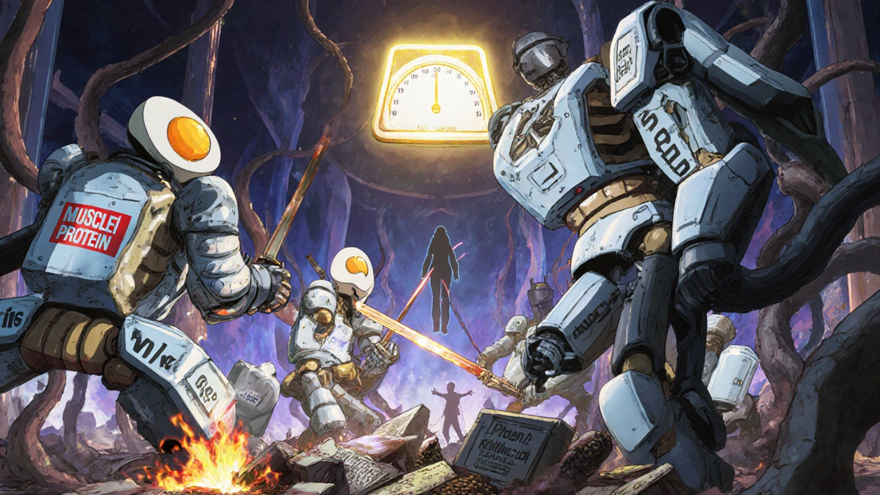 Warriors made of food fighting muscle loss in a body battlefield, with a shattered protein-restriction robot.