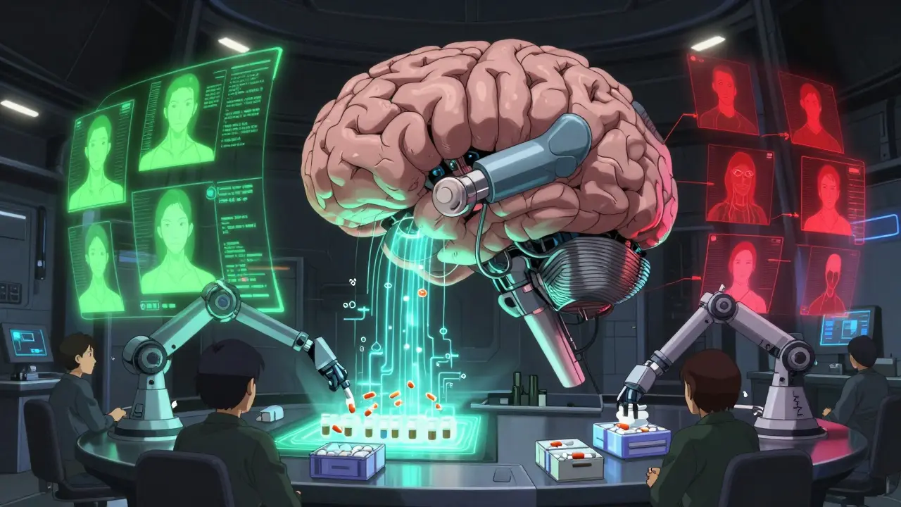 A biomechanical control hub processes digital prescriptions with holographic patient data streams.