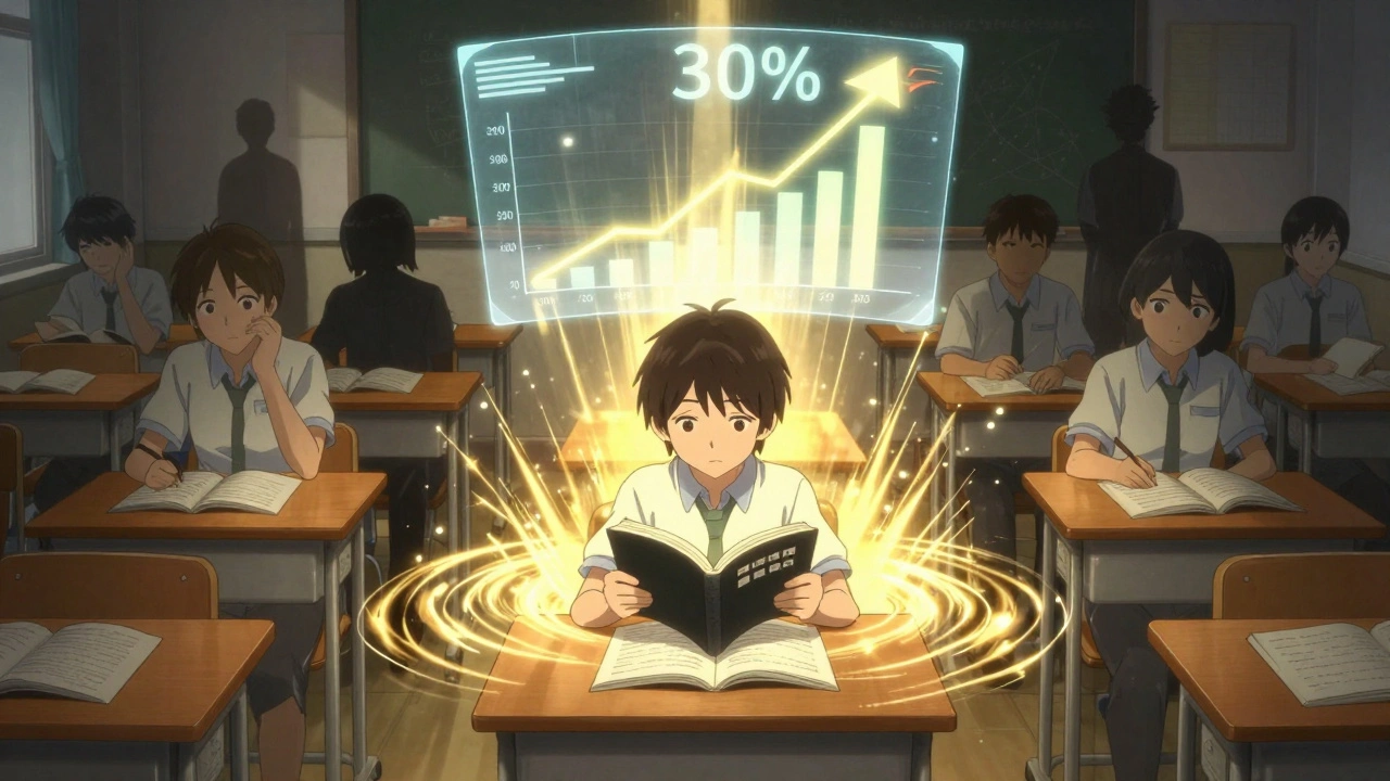 A classroom illuminated by a wave of academic motivation spreading from one student to others.