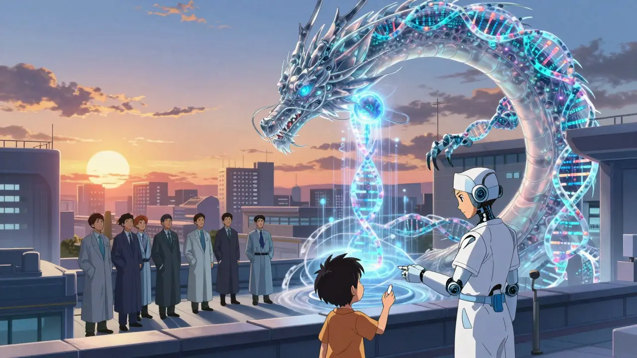 A genome dragon evaluates biosimilars above a hospital as a child receives a generic pill from a robotic nurse.