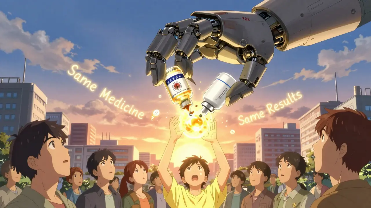 A giant FDA mechanical hand crushes brand and generic pills into one glowing orb of equal medicine as people below are illuminated by golden light.