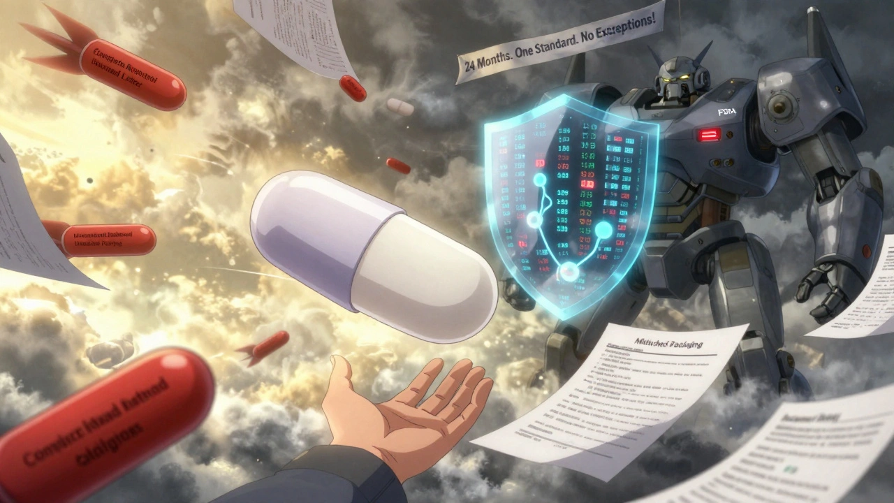 A heroic generic pill dodging regulatory missiles, protected by blockchain data, as a patient reaches out to receive it.