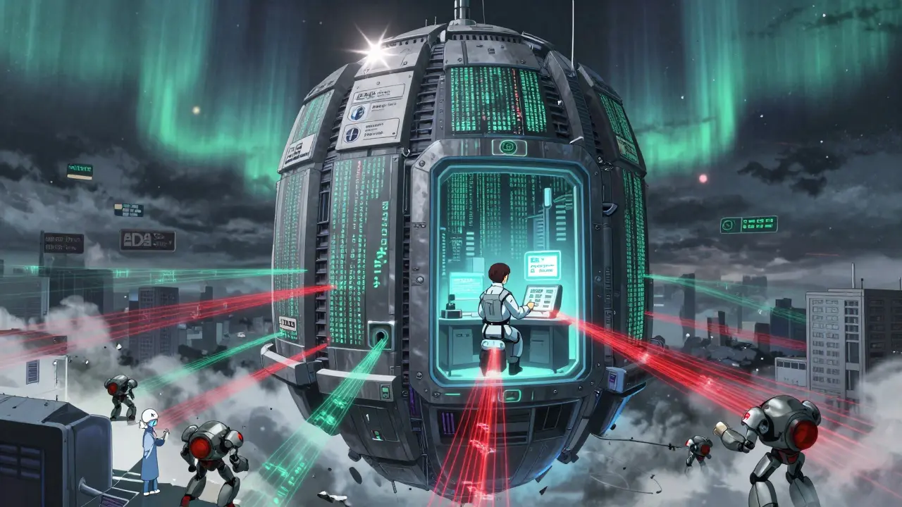 A massive AI fortress made of drug codes hovers over D.C., sending medical supplies via mecha-pharmacists to hospitals.