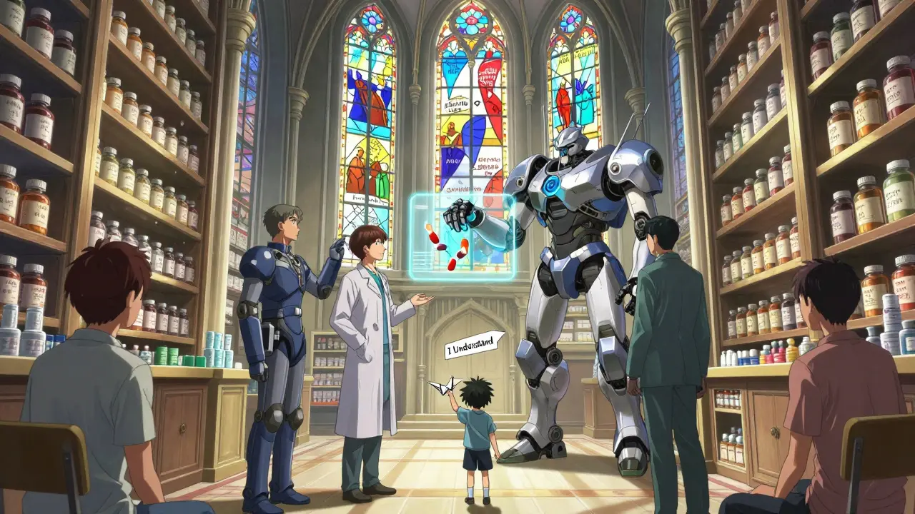 A massive multilingual pharmacy with armored interpreters guiding patients through dosing using projected 3D animations.