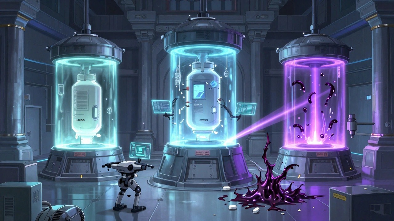 A massive stability chamber with three drug batches under different conditions, monitored by drones and purifying lasers.