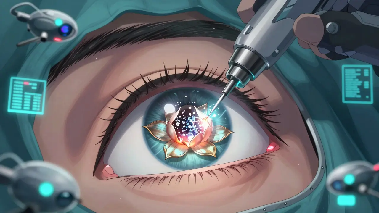 A micro-mecha device breaking down a cloudy lens while inserting a foldable artificial lens.
