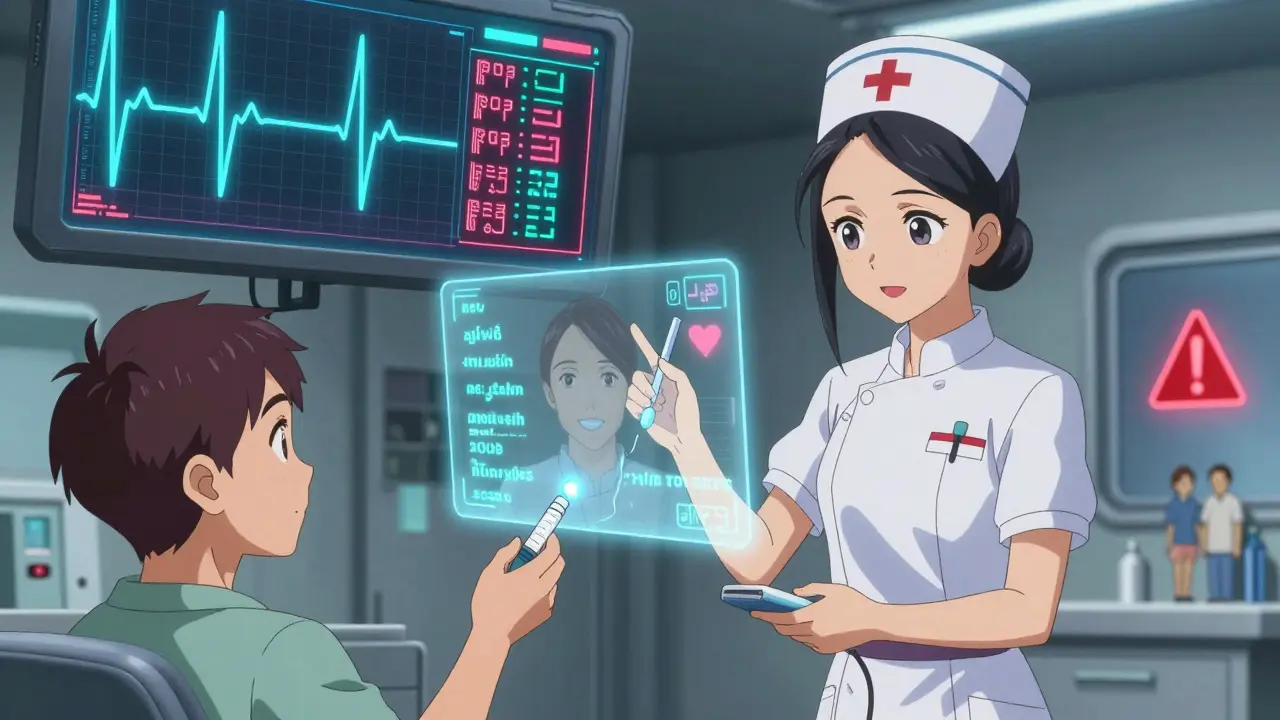 A nurse uses a device to activate a floating video interpreter as a patient takes insulin, with a digital dosage chart glowing above.