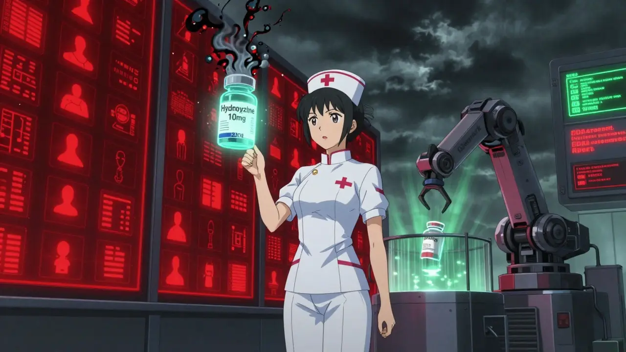 A nurse watches a holographic pill change dosage as red patient icons flash, a robotic arm retrieves recalled drugs.