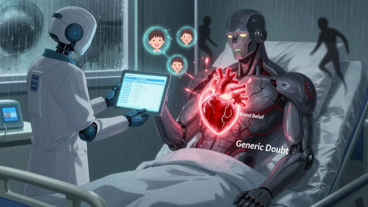 A patient's chest reveals two energy cores—brand belief glowing bright, generic doubt dim—while a robotic pharmacist holds up FDA data.