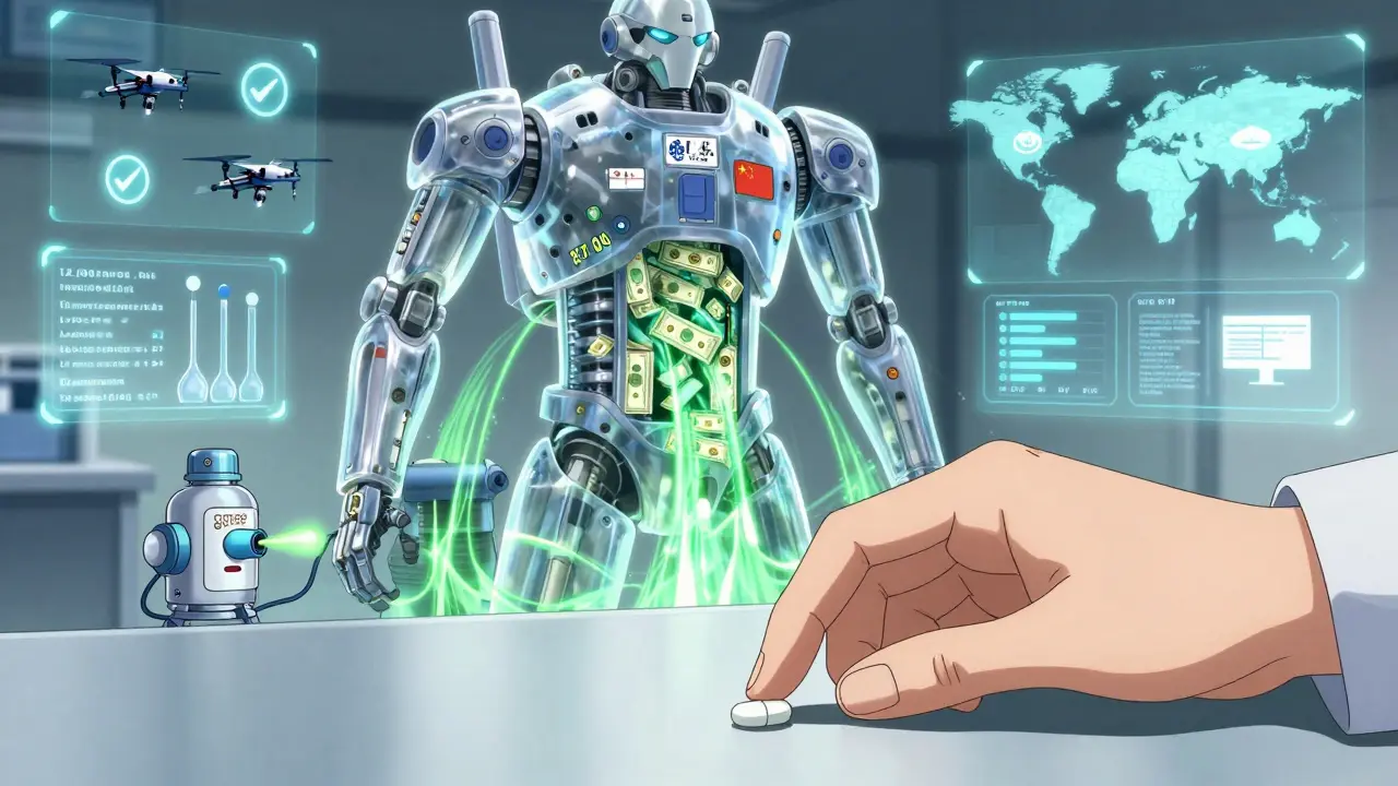 A patient's hand reaches for a generic pill as a transparent mecha reveals billions saved, with FDA drones flying over global factories.