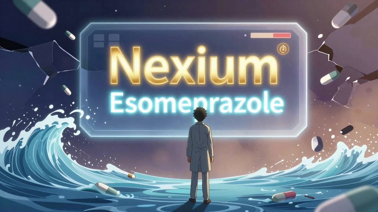 A patient facing a floating prescription label showing brand and generic names, with a river of affordable medicine flowing behind.