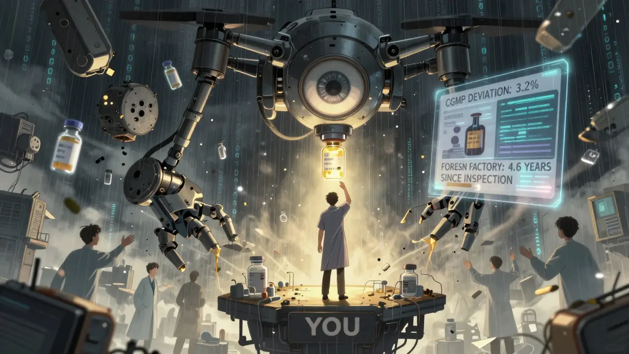 A patient holds a pill with a glowing lot number while AI drones and factory machines swirl around them in a storm of data.