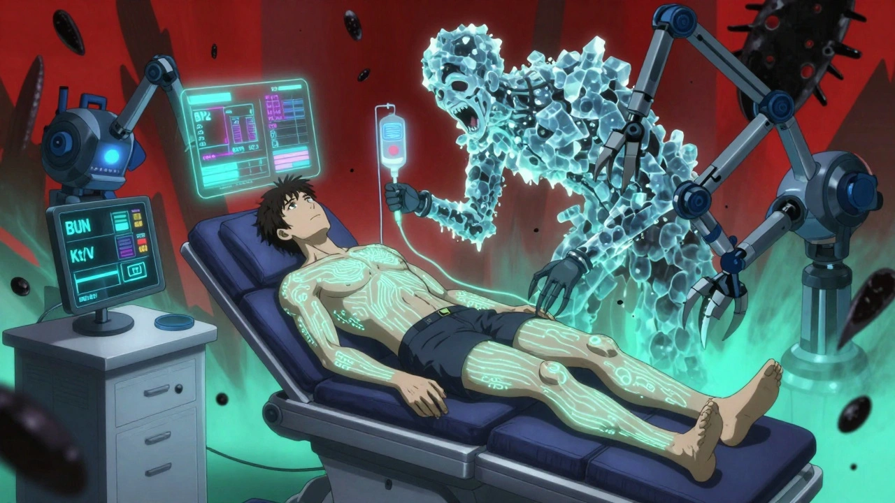 A patient in a futuristic dialysis chair surrounded by holographic health data and spectral toxin faces.