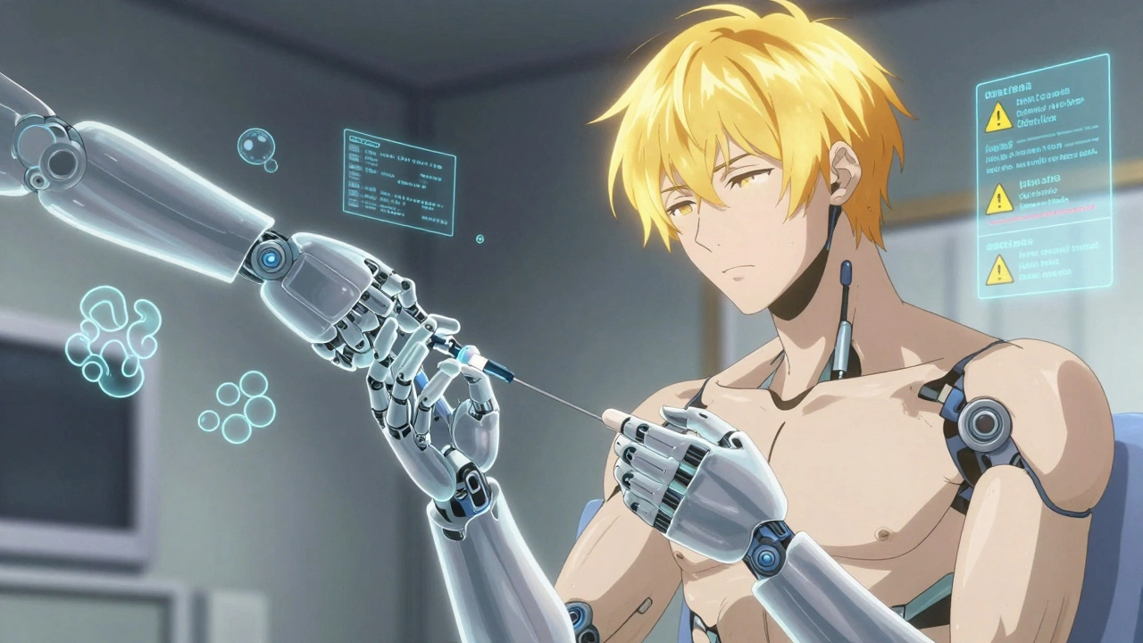 A patient receiving a biosimilar injection as a biomechanical hand emits contrasting protein auras with floating data streams.