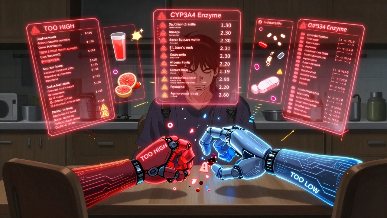 A patient surrounded by holographic meds and supplements, with a glowing enzyme being pulled apart by opposing forces.