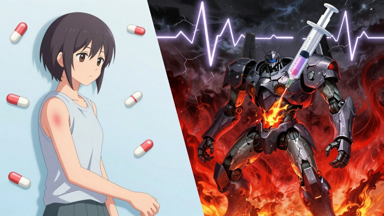 A patient transformed into a mech with peeling armor as an epinephrine syringe descends, contrasting calm and crisis scenes.