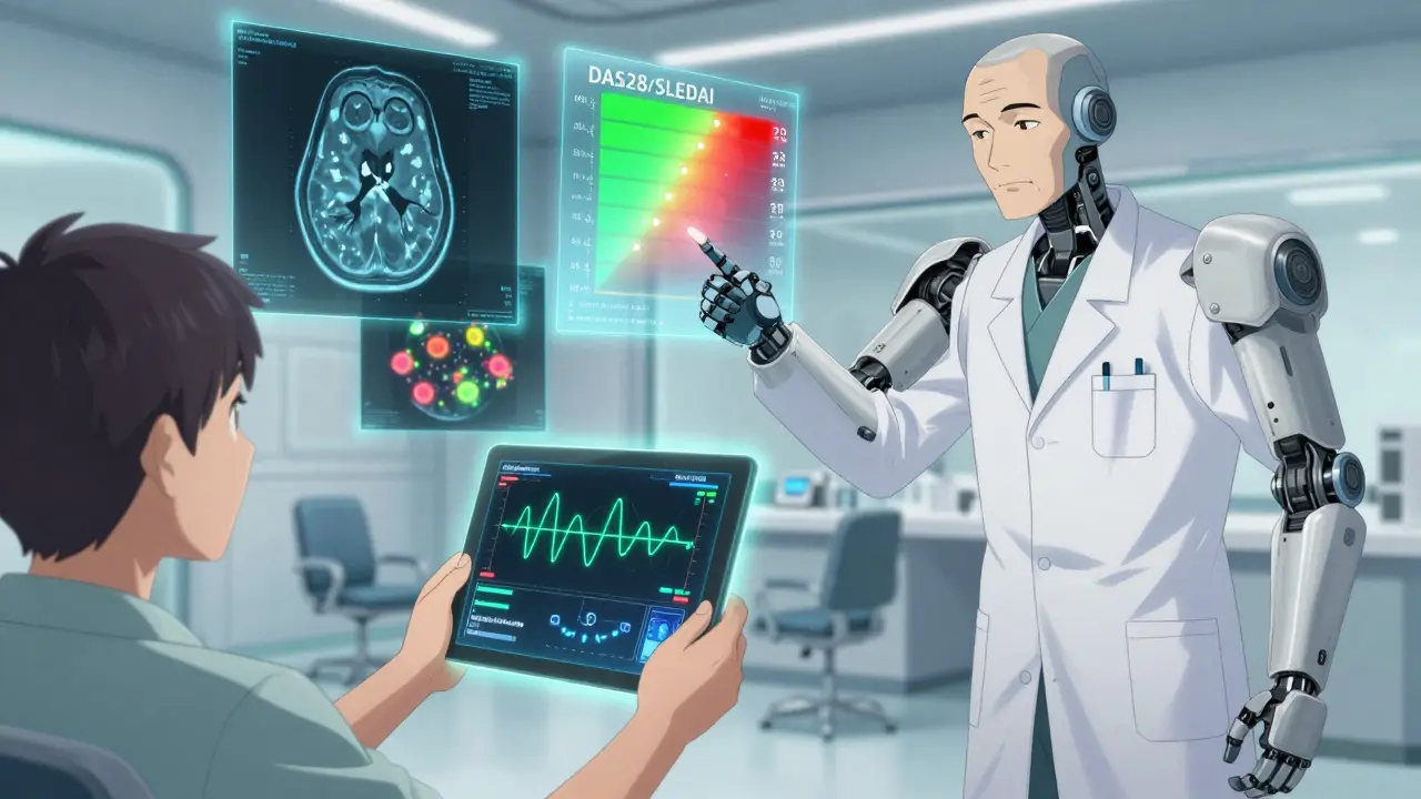 A patient with holographic medical scans and a robotic mentor displaying disease scores.